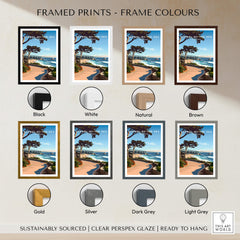 Framed Carmel-by-the-Sea Poster Print options in various colors including black, white, natural, brown, gold, silver, dark grey, and light grey.