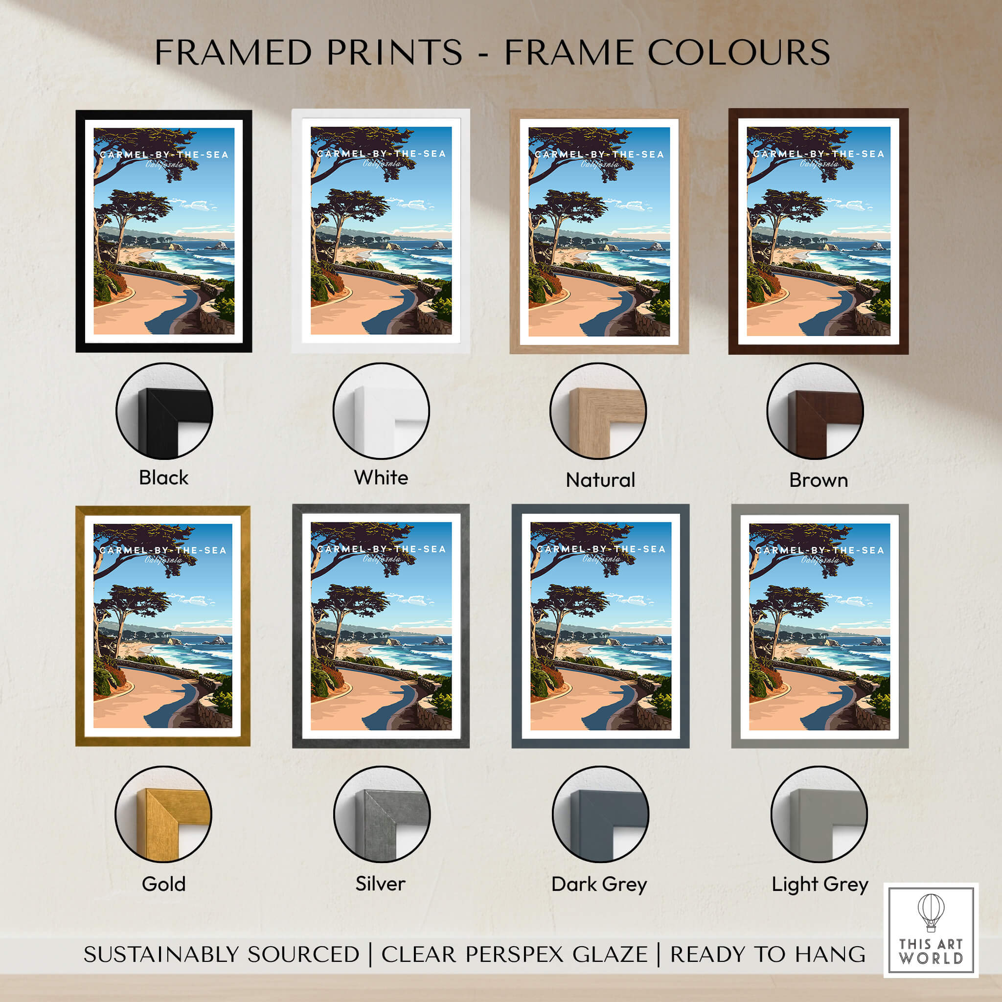 Framed Carmel-by-the-Sea Poster Print options in various colors including black, white, natural, brown, gold, silver, dark grey, and light grey.