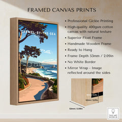 Carmel-by-the-Sea Poster Print displayed in a handmade wooden frame, showcasing California's coastal beauty.