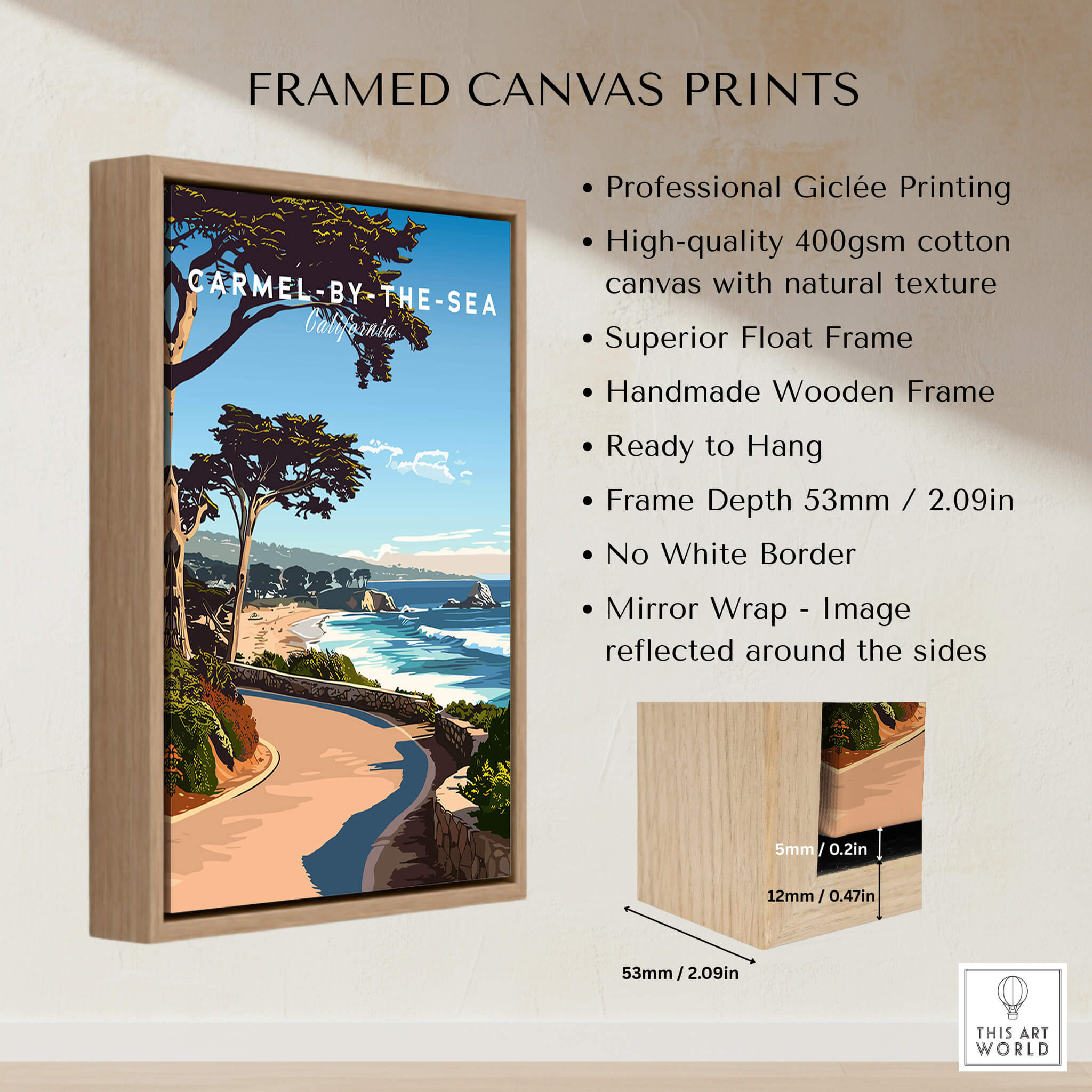 Carmel-by-the-Sea Poster Print displayed in a handmade wooden frame, showcasing California's coastal beauty.