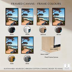 Carmel-by-the-Sea Poster Print showcased in various frame colors including Black, White, Gold, and Silver.