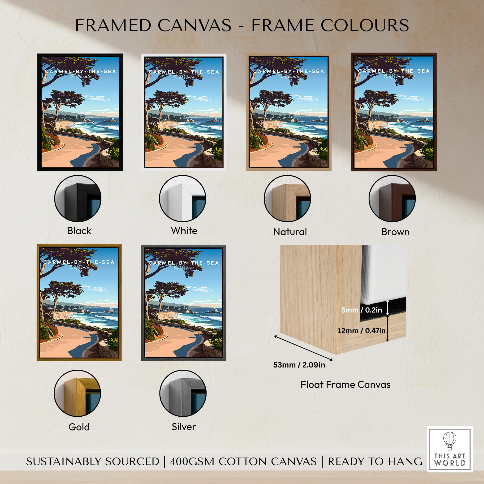 Carmel-by-the-Sea Poster Print showcased in various frame colors including Black, White, Gold, and Silver.