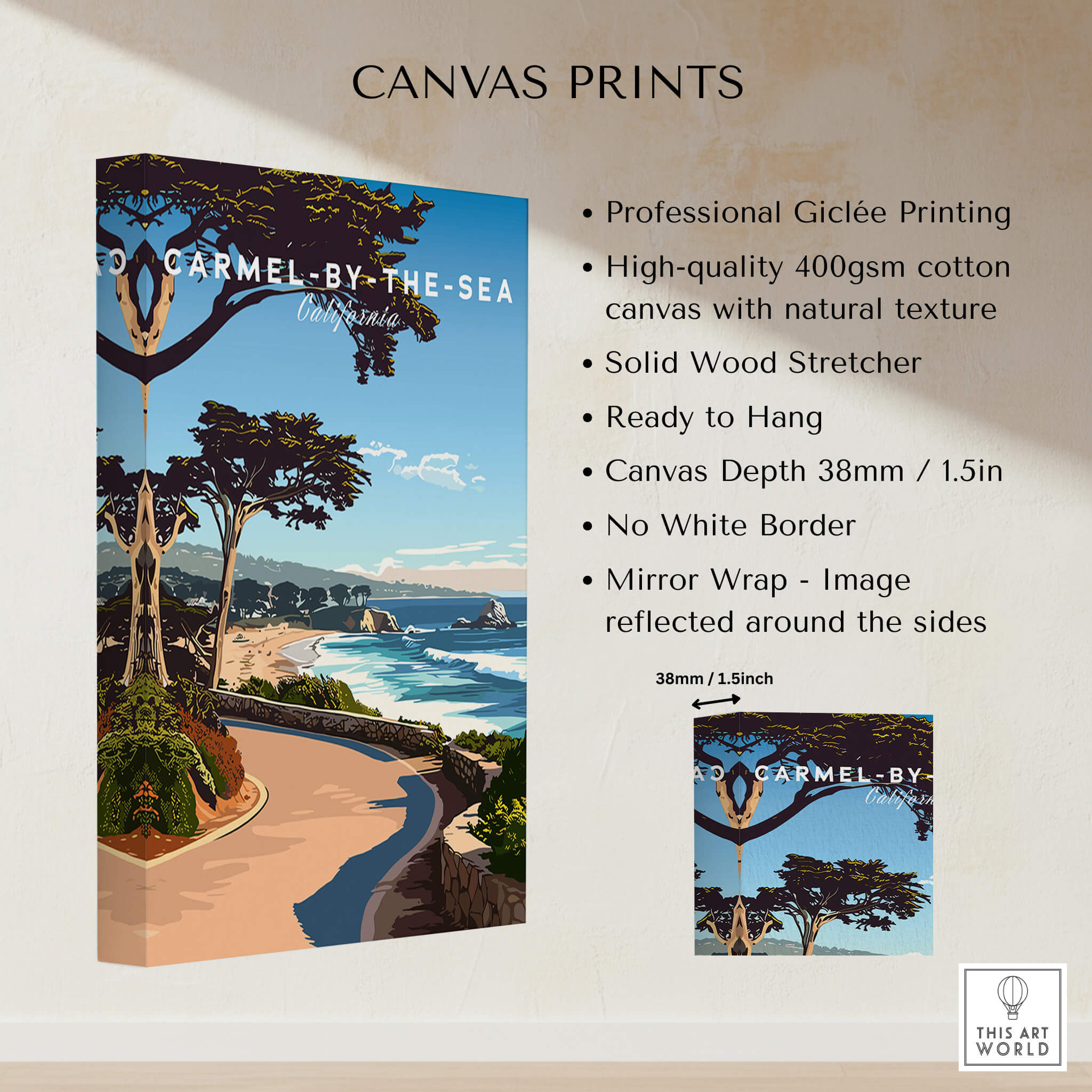 Carmel-by-the-Sea Poster Print featuring scenic coastal landscapes and vibrant colors, showcasing California's beauty.