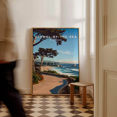 Carmel-by-the-Sea Poster Print displaying a beautiful coastal landscape in a stylish interior setting.