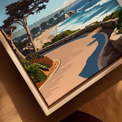 Carmel-by-the-Sea Poster Print featuring a scenic coastal view and winding road, capturing the beauty of California.