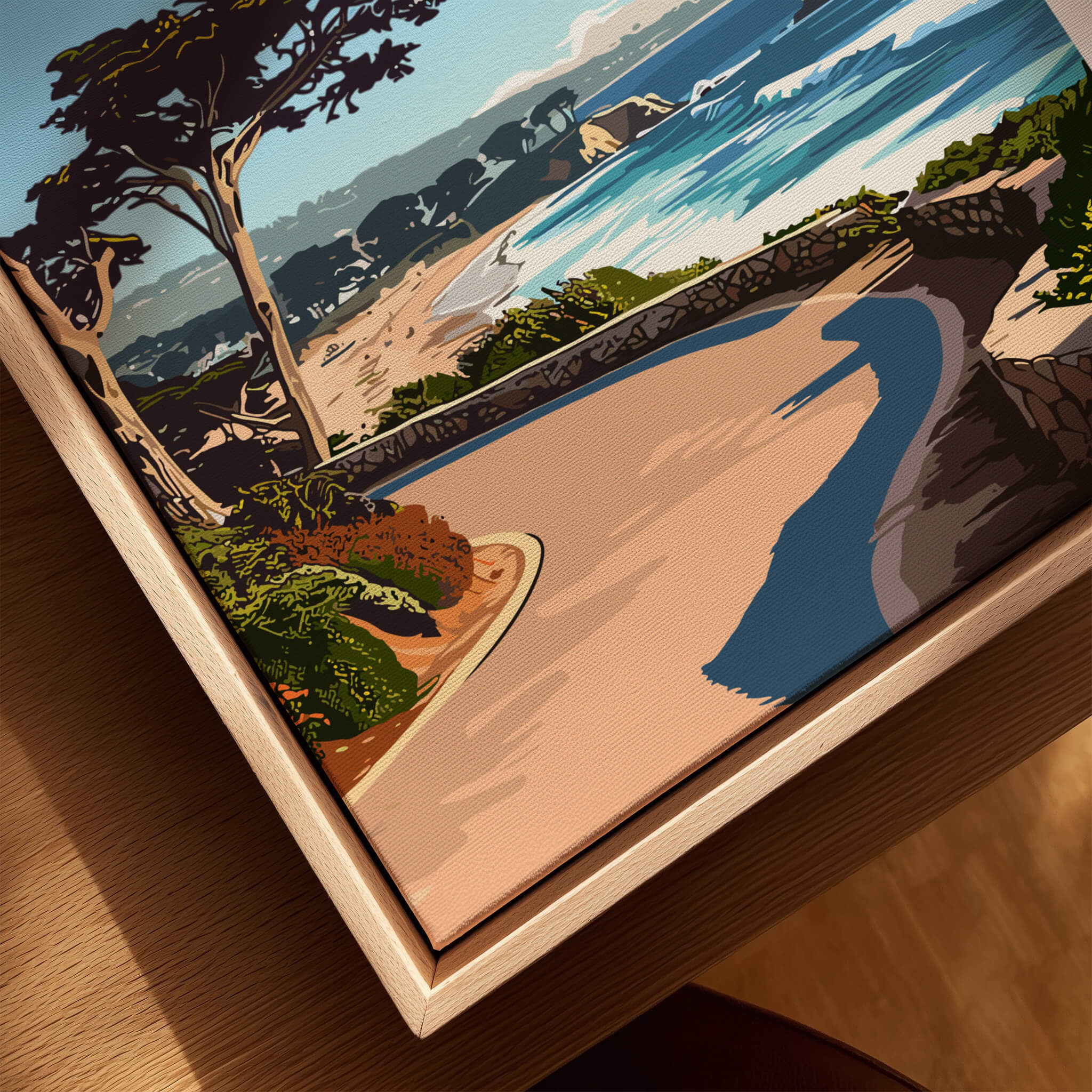 Carmel-by-the-Sea Poster Print featuring a scenic coastal view and winding road, capturing the beauty of California.