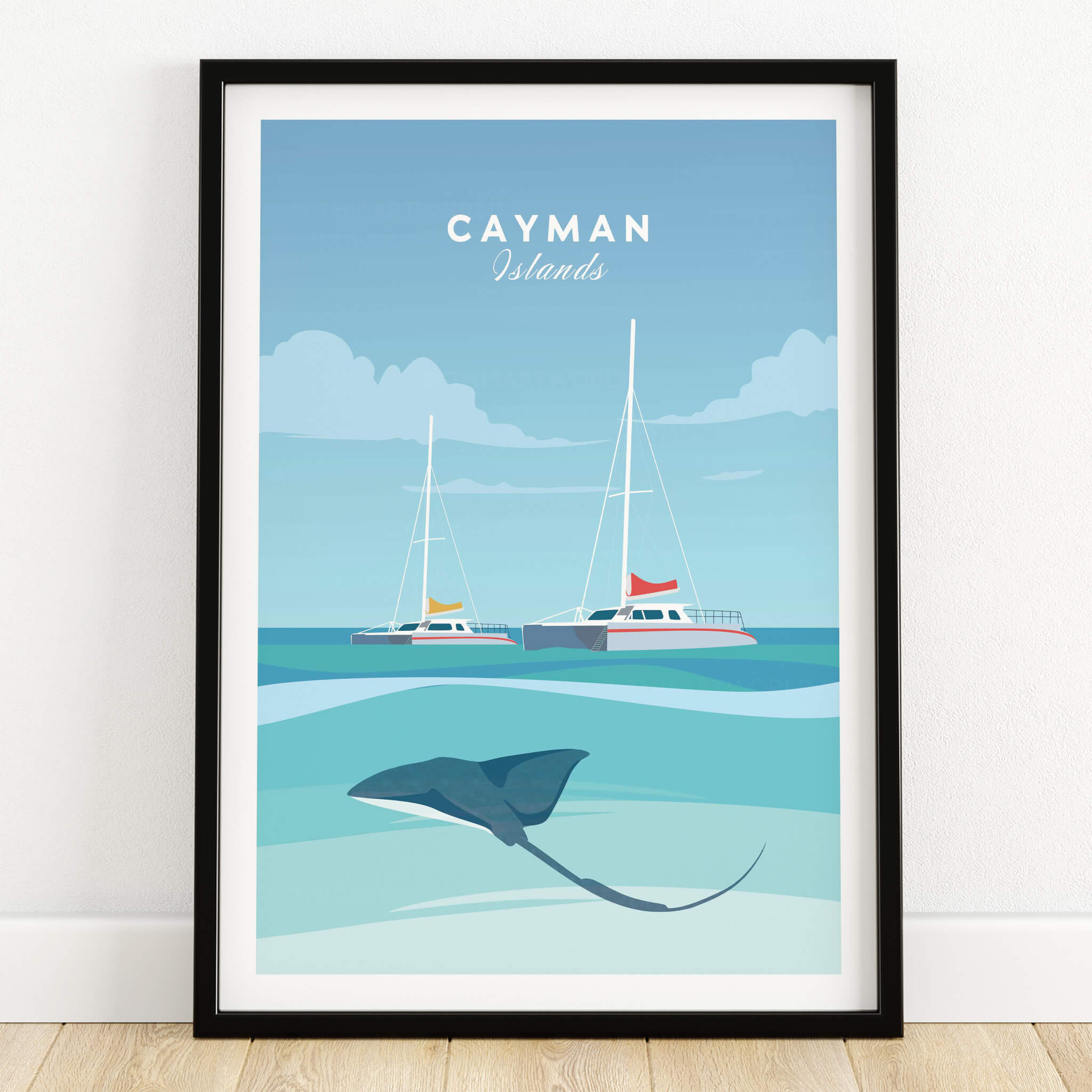 Cayman Islands Poster Print featuring a stingray and sailboats in a vibrant Caribbean setting.