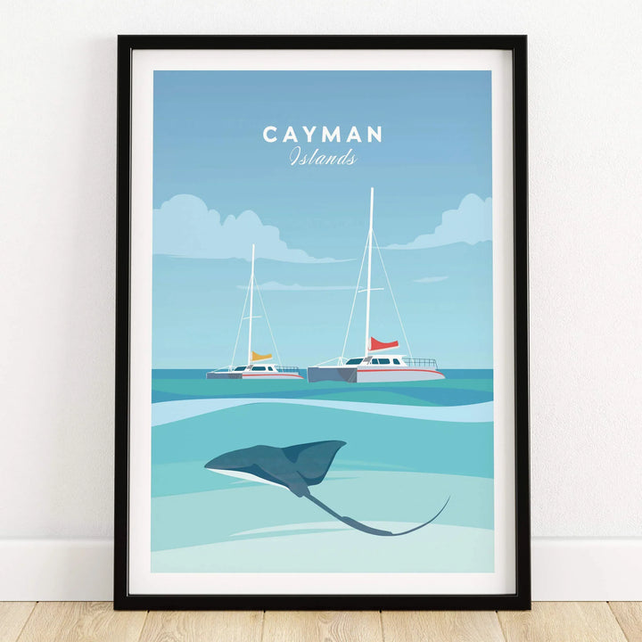 Cayman Islands Poster Print featuring a stingray and sailboats in a vibrant Caribbean setting.
