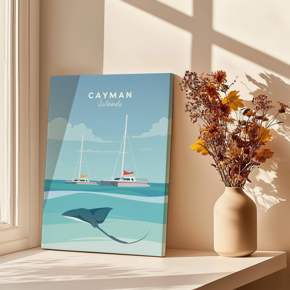 Cayman Islands Poster Print featuring a sting ray and sailboats, capturing the Caribbean's beauty and vibrant colors.