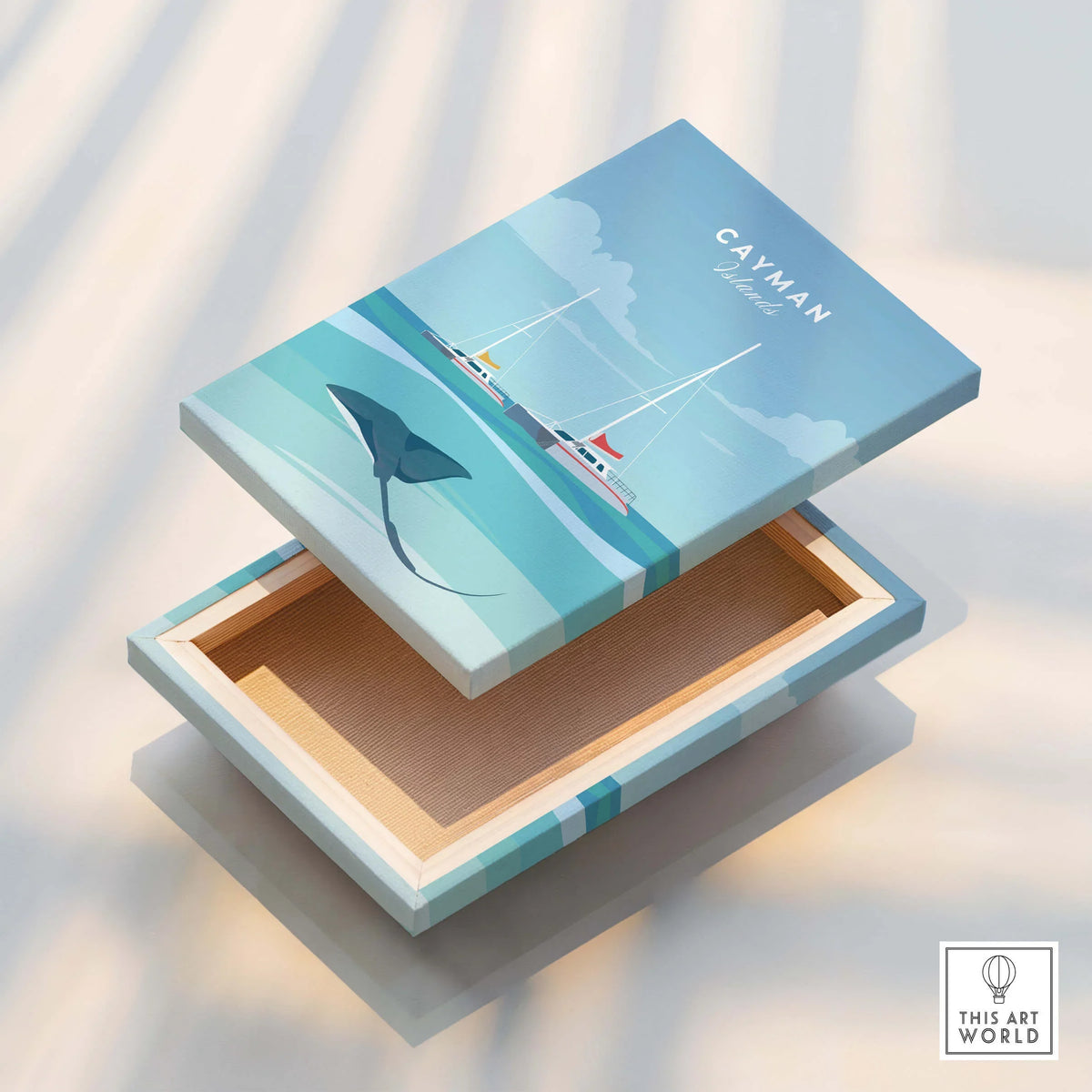 Cayman Islands Poster Print featuring a sting ray and sailboats in a vibrant Caribbean scene.