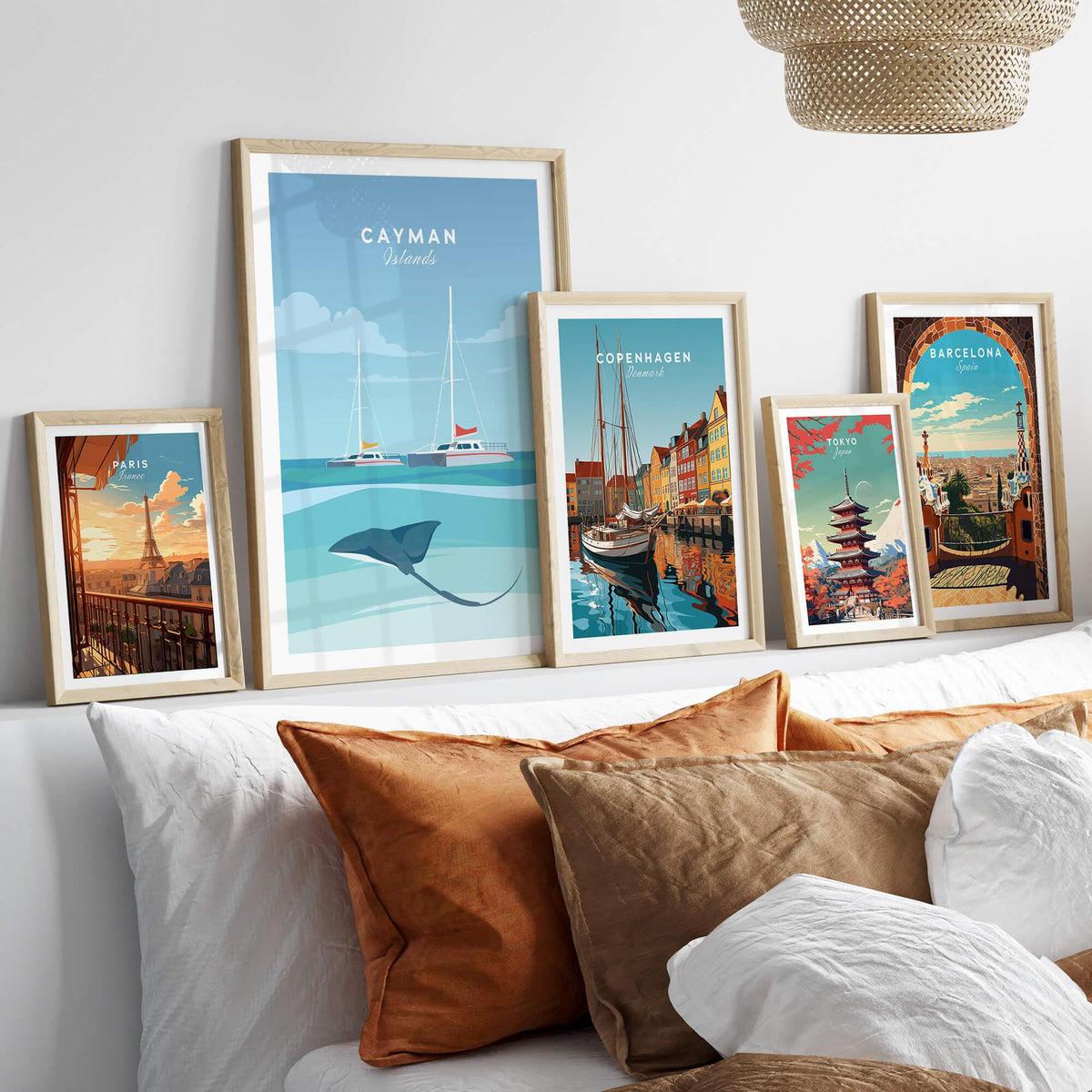 Cayman Islands Poster Print displayed with travel-themed artwork on a cozy sofa, capturing tropical and vibrant essence.