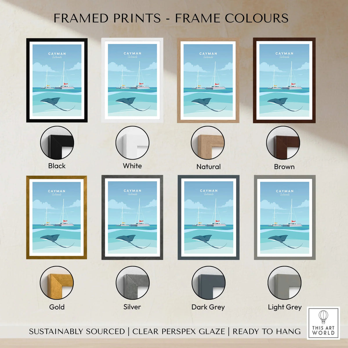 Cayman Islands Poster Print framed in various colors including black, white, natural, brown, gold, silver, dark grey, light grey.
