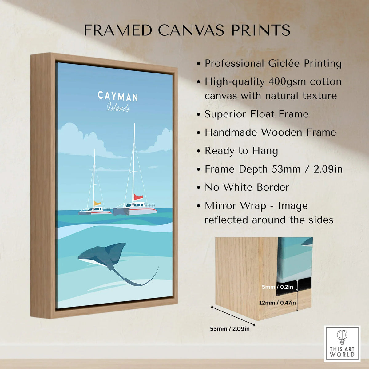 Cayman Islands Poster Print featuring a sting ray in a wooden frame, showcasing vibrant Caribbean colors.
