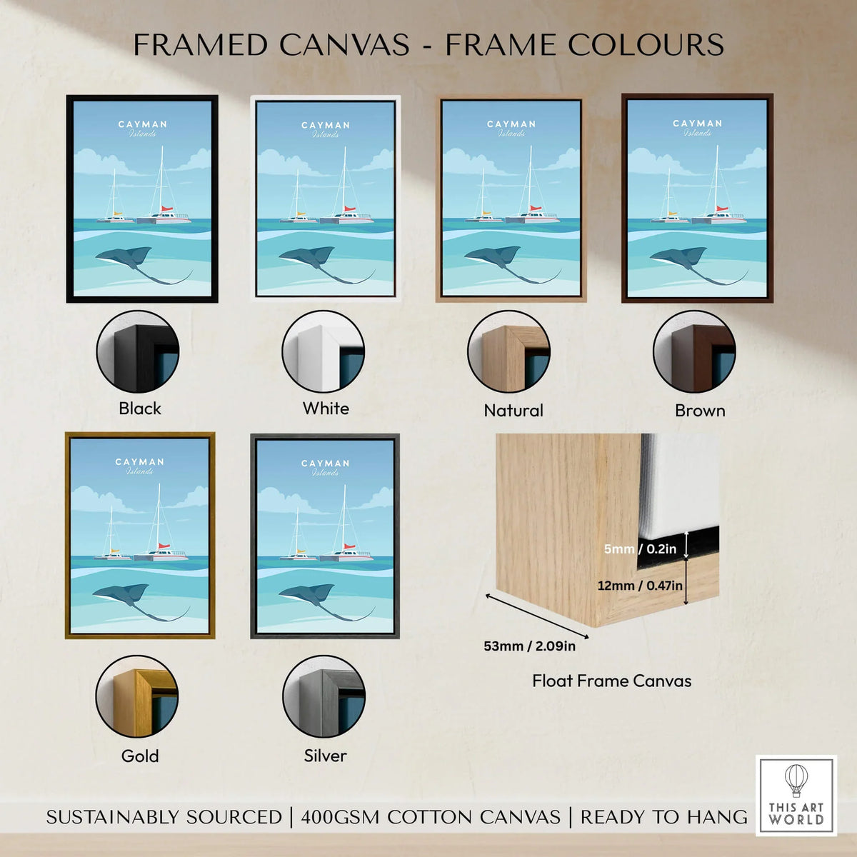 Cayman Islands Poster Print framed in various colors including black, white, natural, brown, gold, and silver.