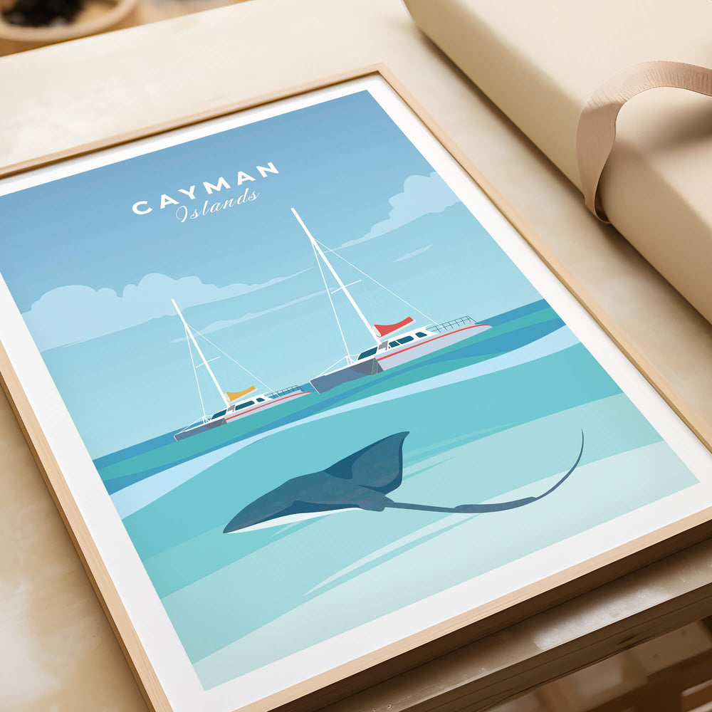 Cayman Islands Poster Print featuring a stingray and sailboats, a vibrant depiction of Caribbean beauty.