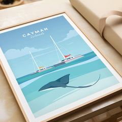Cayman Islands Poster Print featuring a stingray and sailboats, a vibrant depiction of Caribbean beauty.
