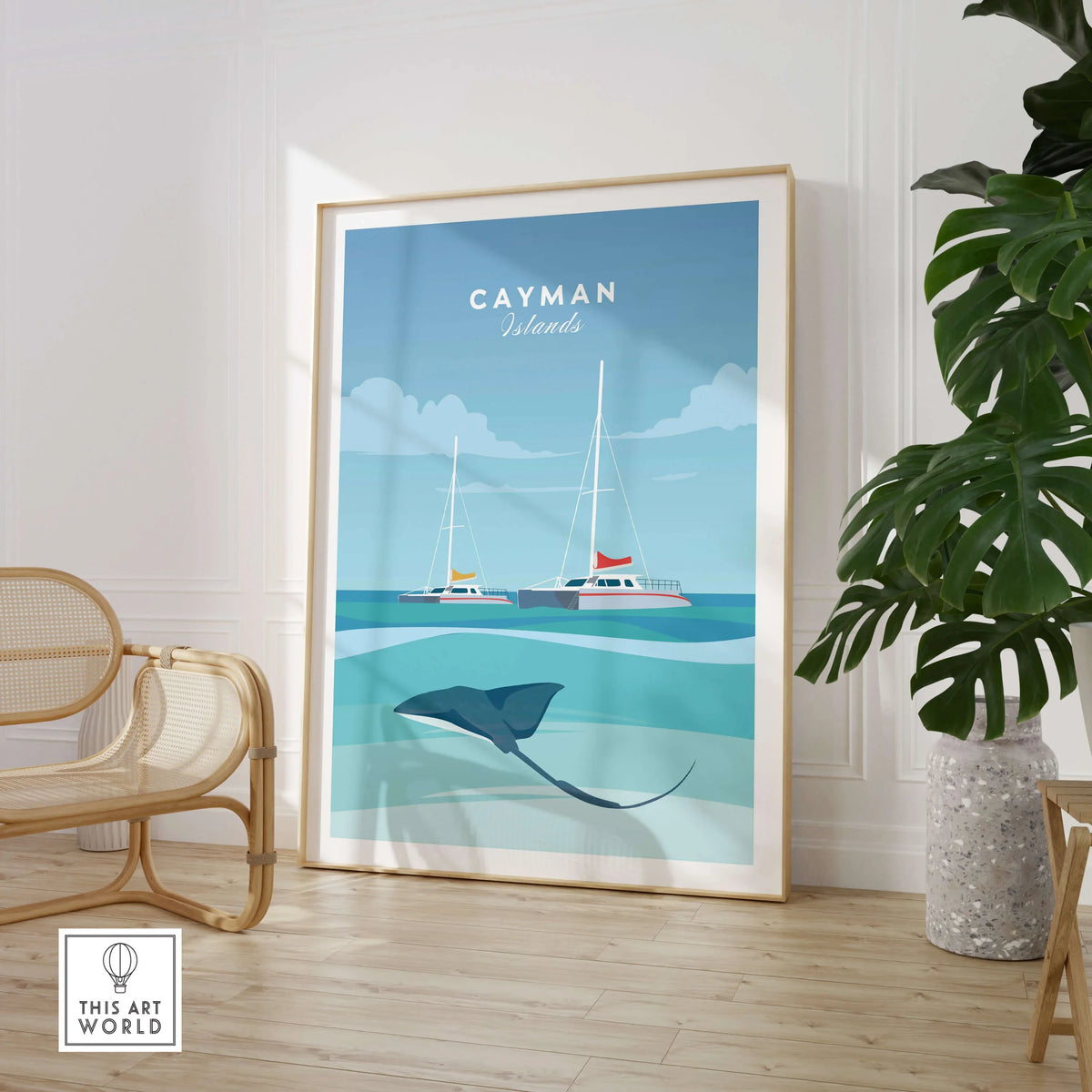 Cayman Islands Poster Print featuring a sting ray and boats in a tropical setting, perfect for home decor.