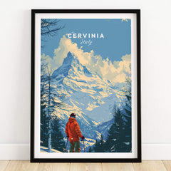 Cervinia Ski Print - Italy showcasing a skier in front of majestic mountains in the Italian Alps.