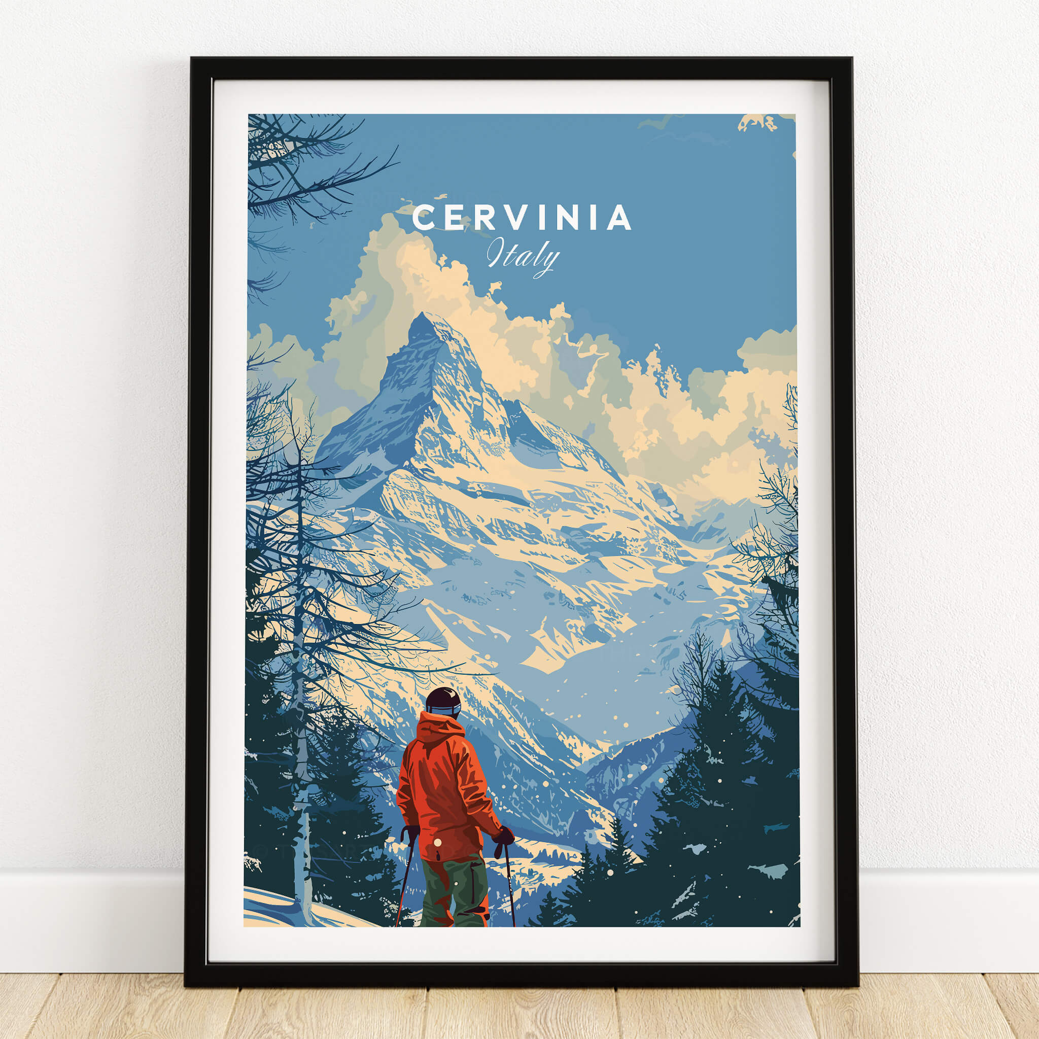Cervinia Ski Print - Italy showcasing a skier in front of majestic mountains in the Italian Alps.