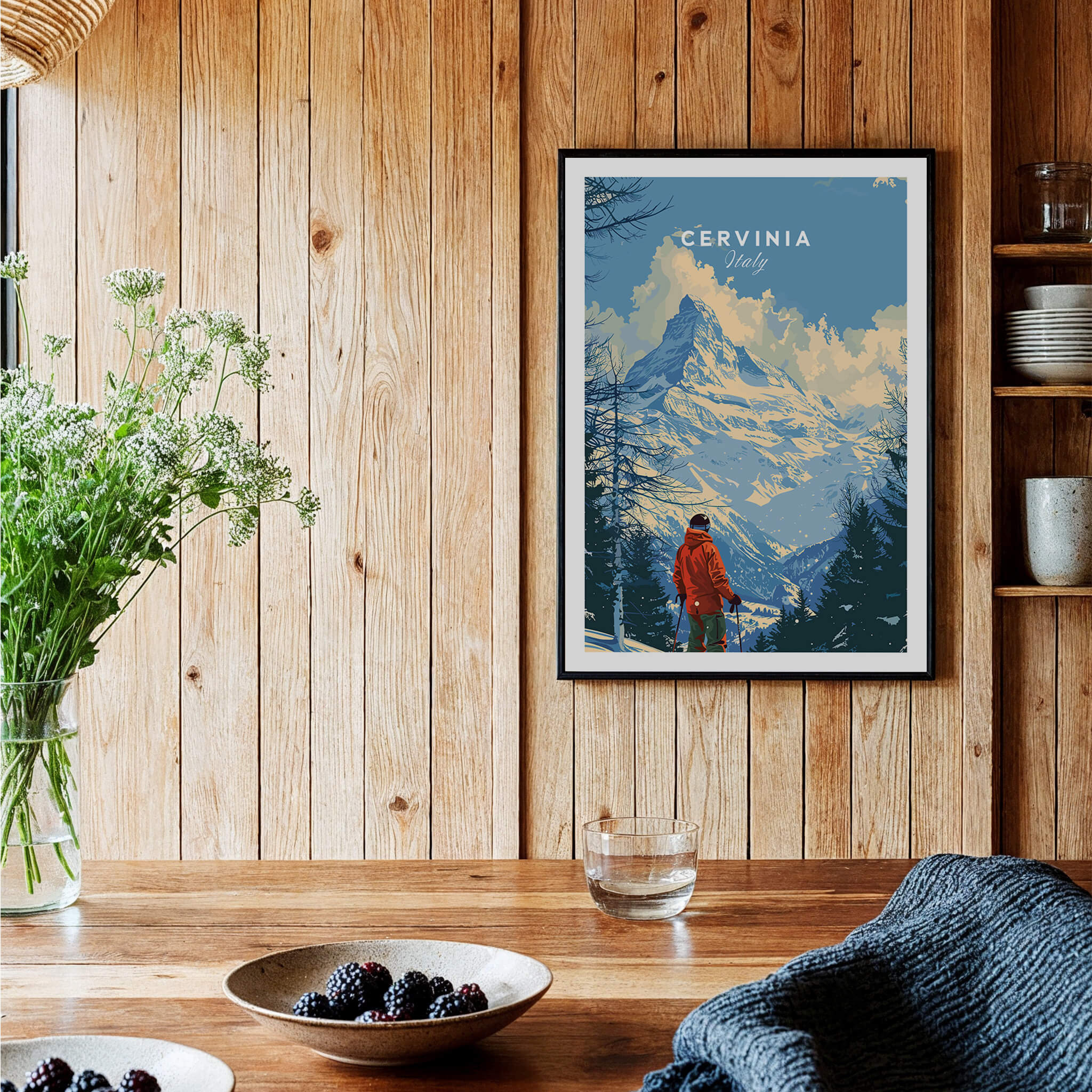 Cervinia Ski Print - Italy displayed in a cozy interior with wooden accents and decorative elements.