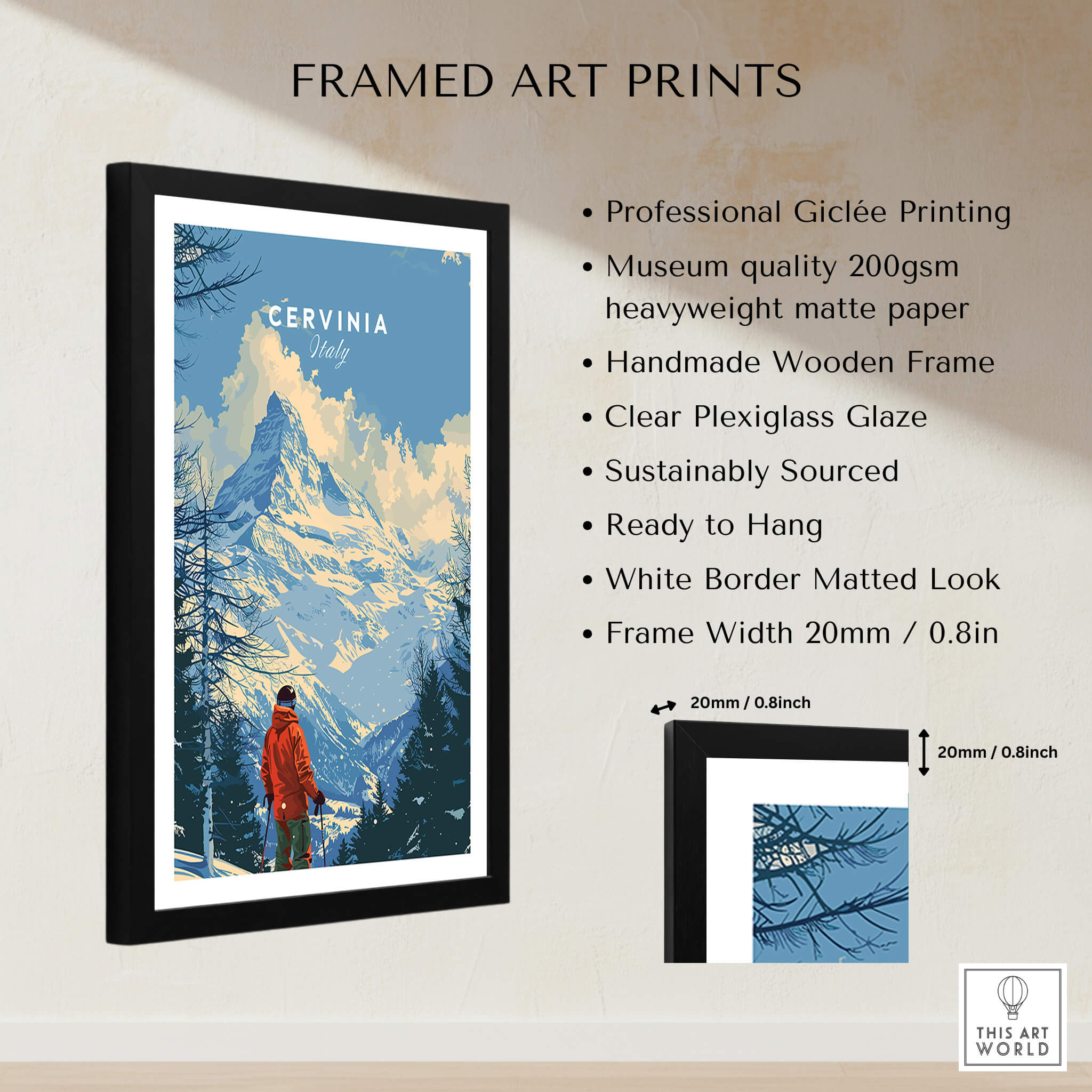 Cervinia Ski Print -  Italy Framed Art Print featuring Giclée quality and stunning mountain scenery.