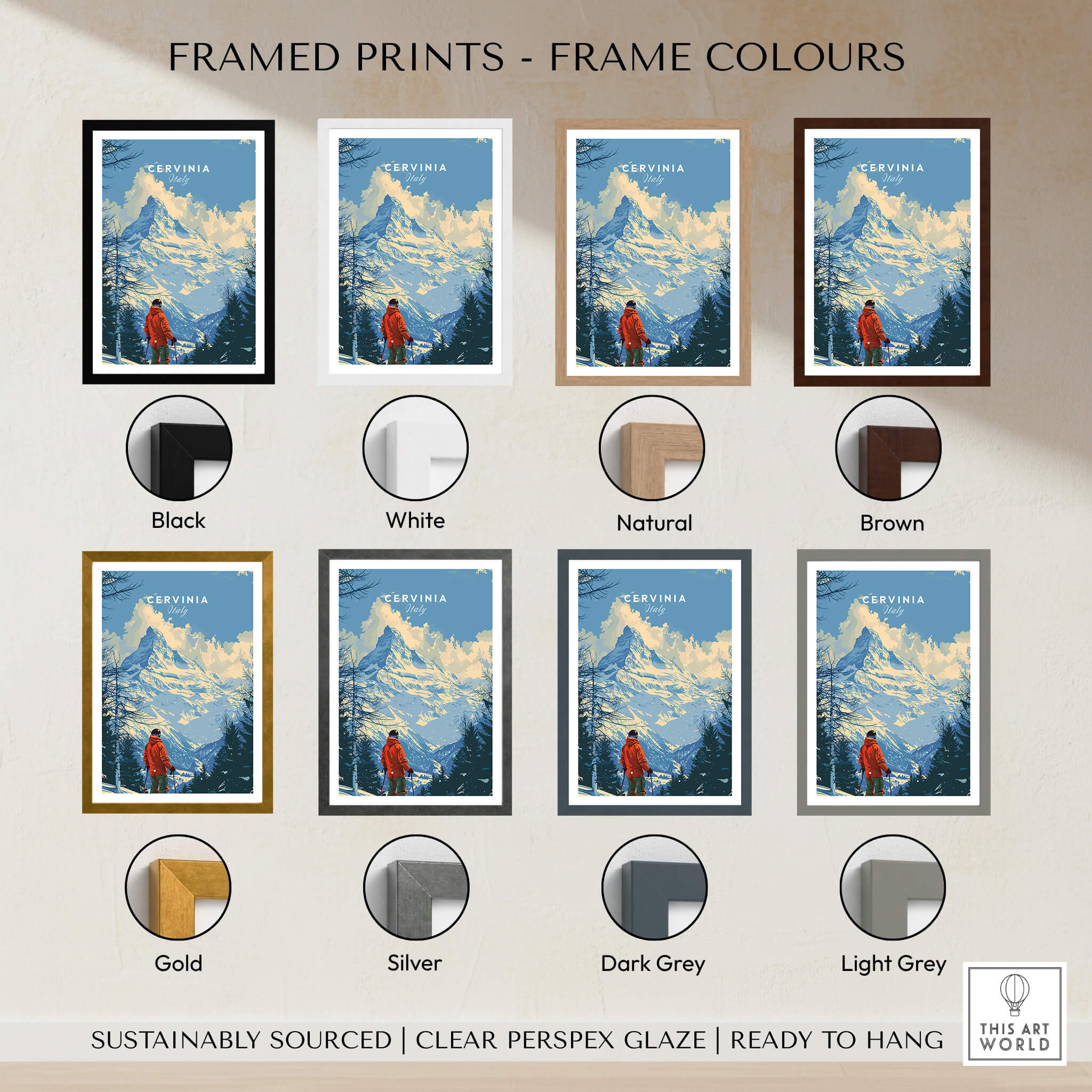 Cervinia Ski Print - Italy options framed in various colors including black, white, natural, brown, gold, silver, dark grey, and light grey.