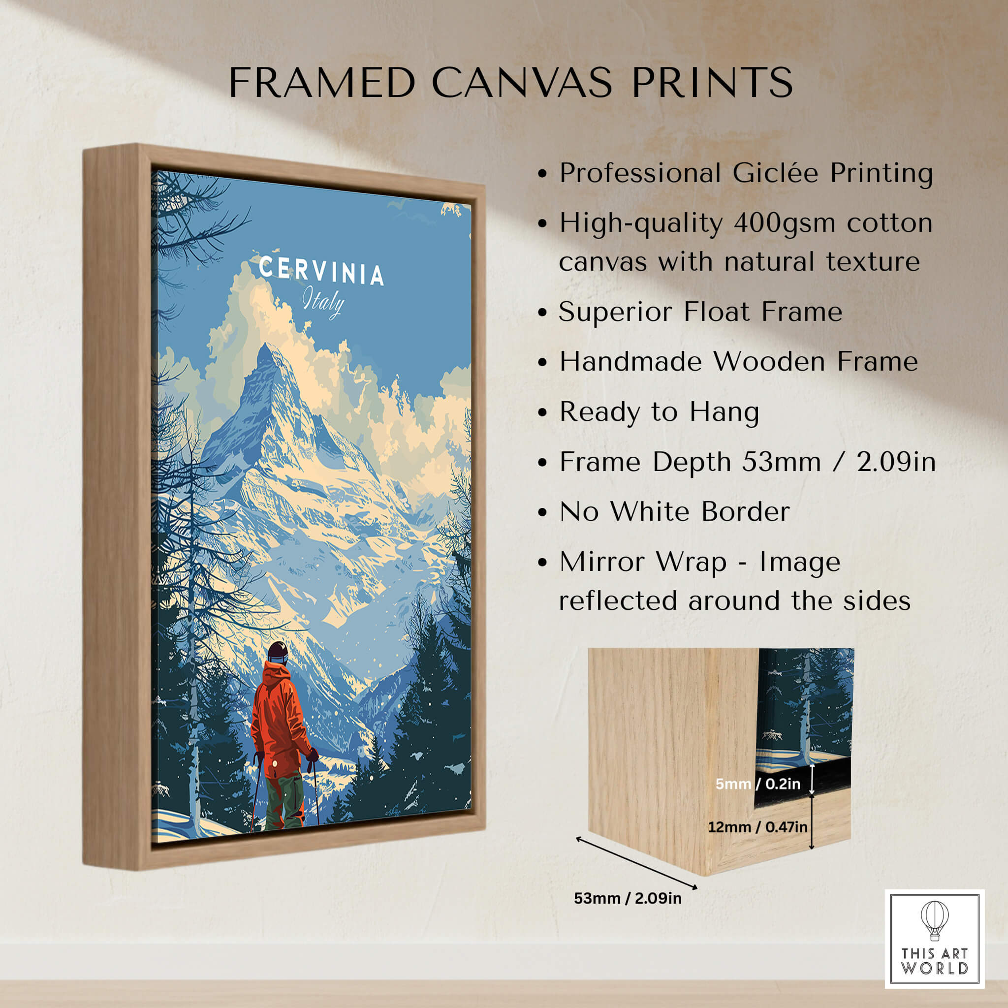 Cervinia Ski Print - Italy framed canvas print showcasing the majestic mountains and skier in the Italian Alps.