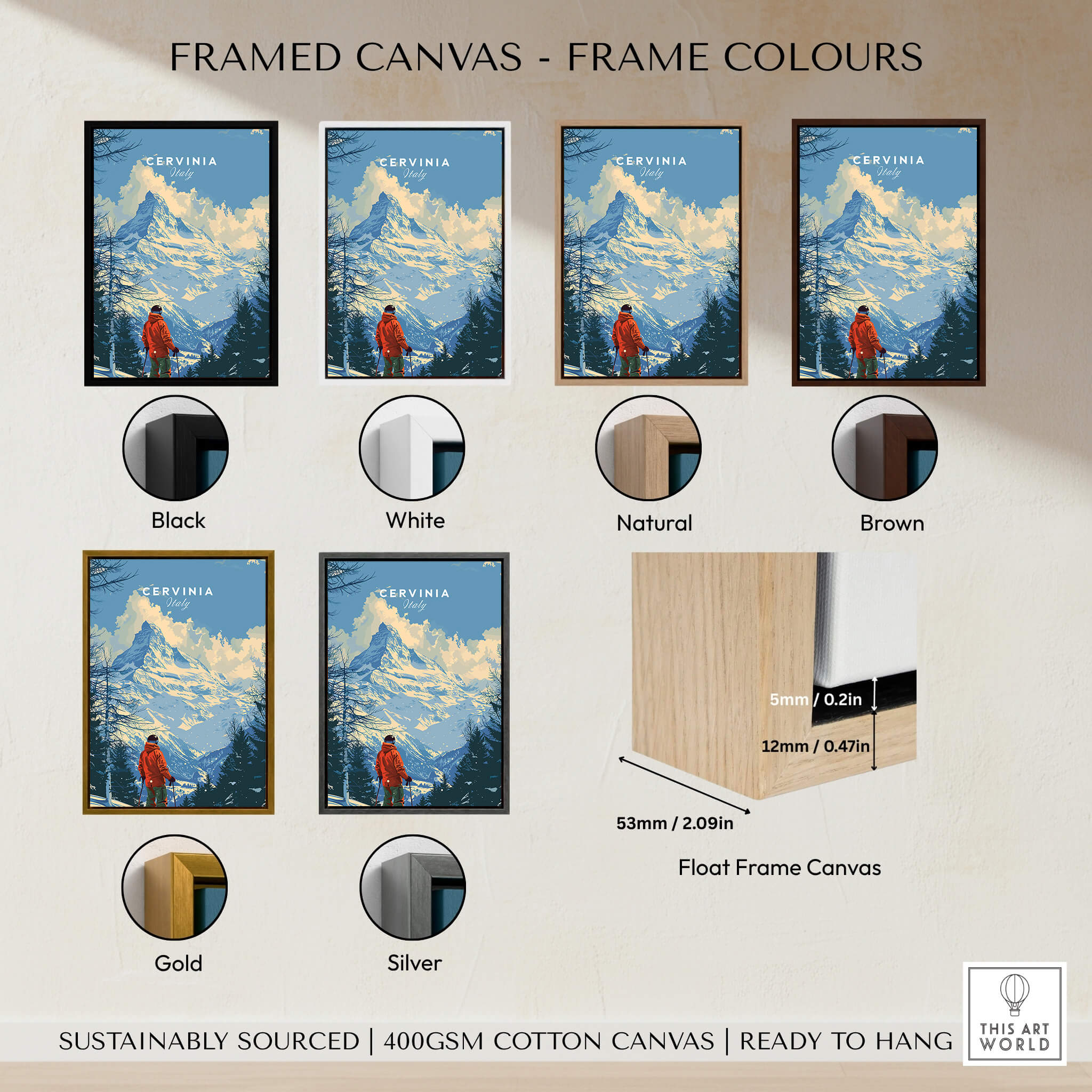 Cervinia Ski Print - Italy framed canvas options in various colors including black, white, natural, brown, gold, and silver.