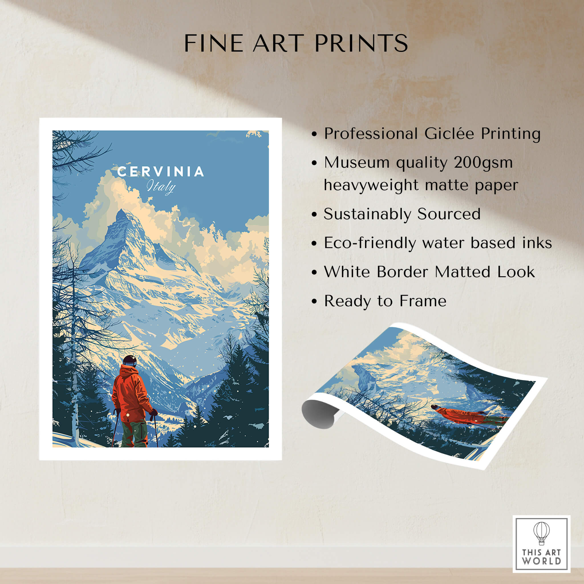 Cervinia Ski Print - Italy featuring stunning Giclée printing and eco-friendly materials for ski enthusiasts.