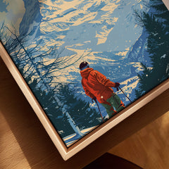 Cervinia Ski Print - Italy featuring a skier in an orange jacket overlooking the snowy mountains.