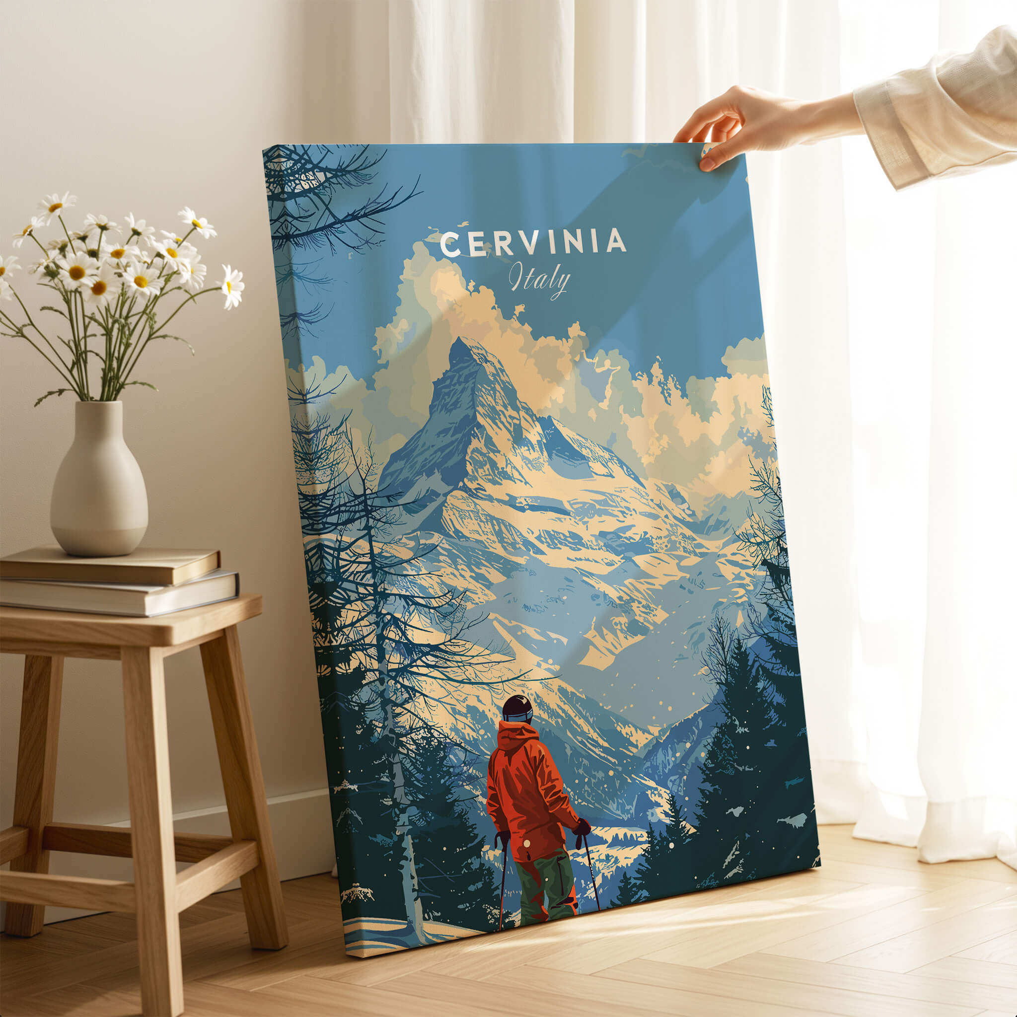 Cervinia Ski Print - Italy showcasing breathtaking mountain scenery and a skier in a stunning landscape.