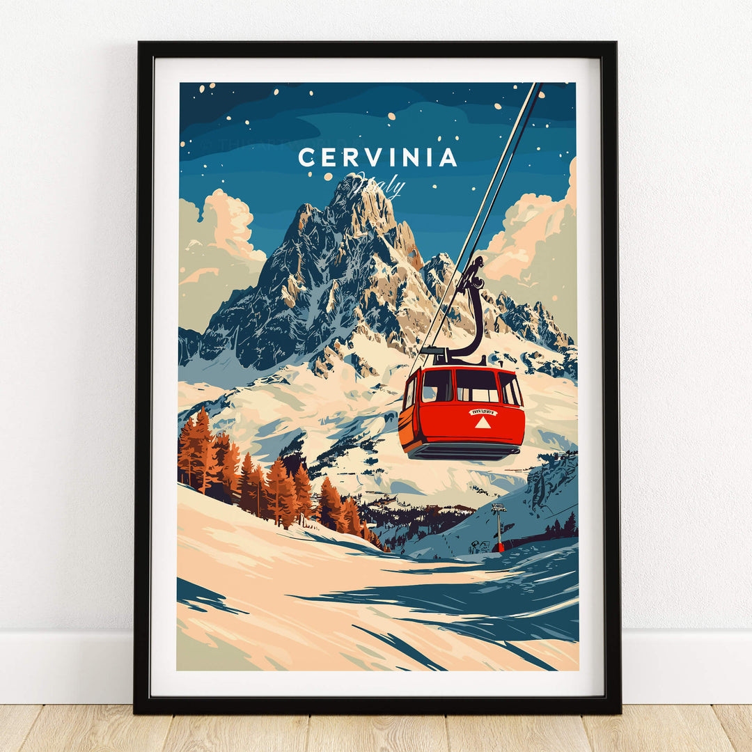 Cervinia Ski Print featuring a scenic ski lift against a majestic mountain backdrop in vibrant colors.