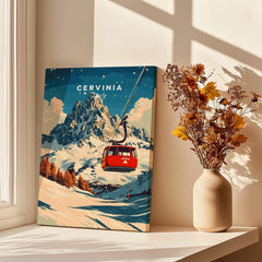 Cervinia Ski Print showcasing a red gondola against a scenic mountain backdrop, perfect for ski enthusiasts.
