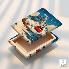 Cervinia Ski Print depicted on a beautifully designed wooden box with a cable car and mountain scenery.
