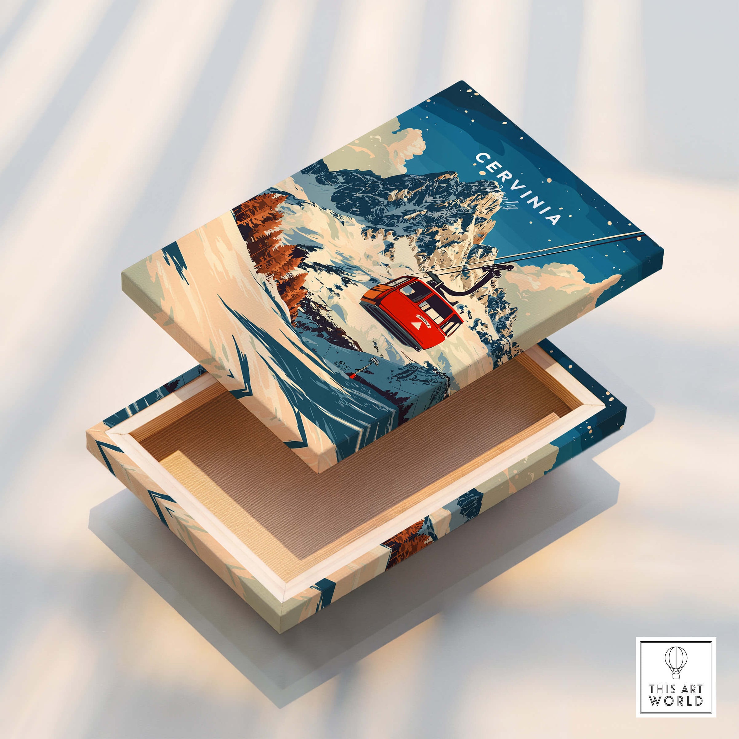 Cervinia Ski Print depicted on a beautifully designed wooden box with a cable car and mountain scenery.