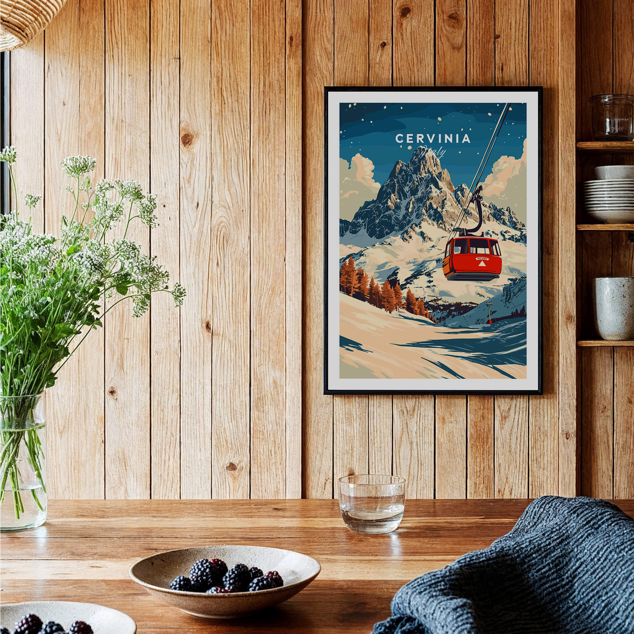 Cervinia Ski Print framed in a cozy setting with wooden walls and a beautiful mountain backdrop.
