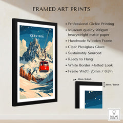 Cervinia Ski Print framed art with mountain scenery and red ski lift, perfect for ski enthusiasts' decor.