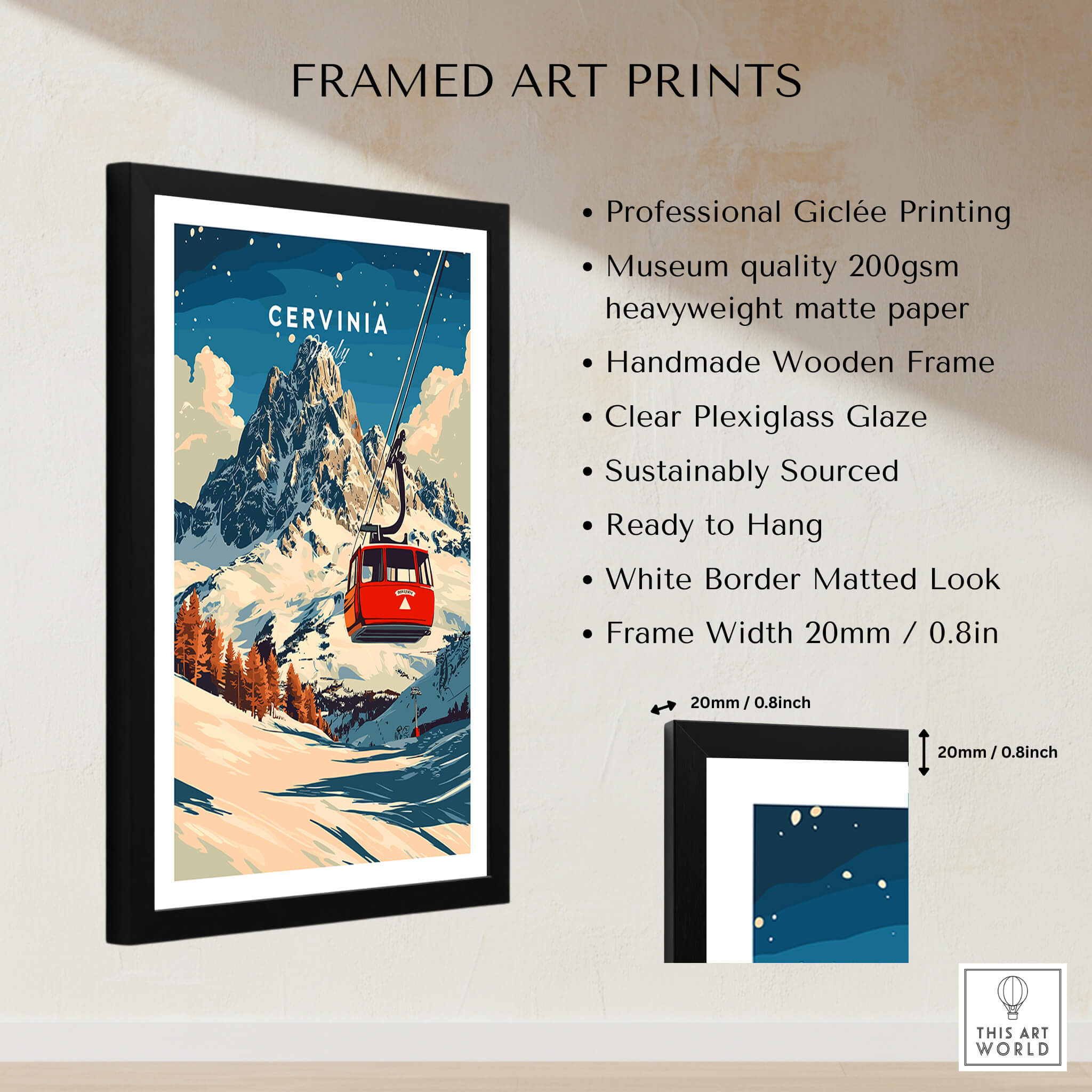 Cervinia Ski Print framed art with mountain scenery and red ski lift, perfect for ski enthusiasts' decor.