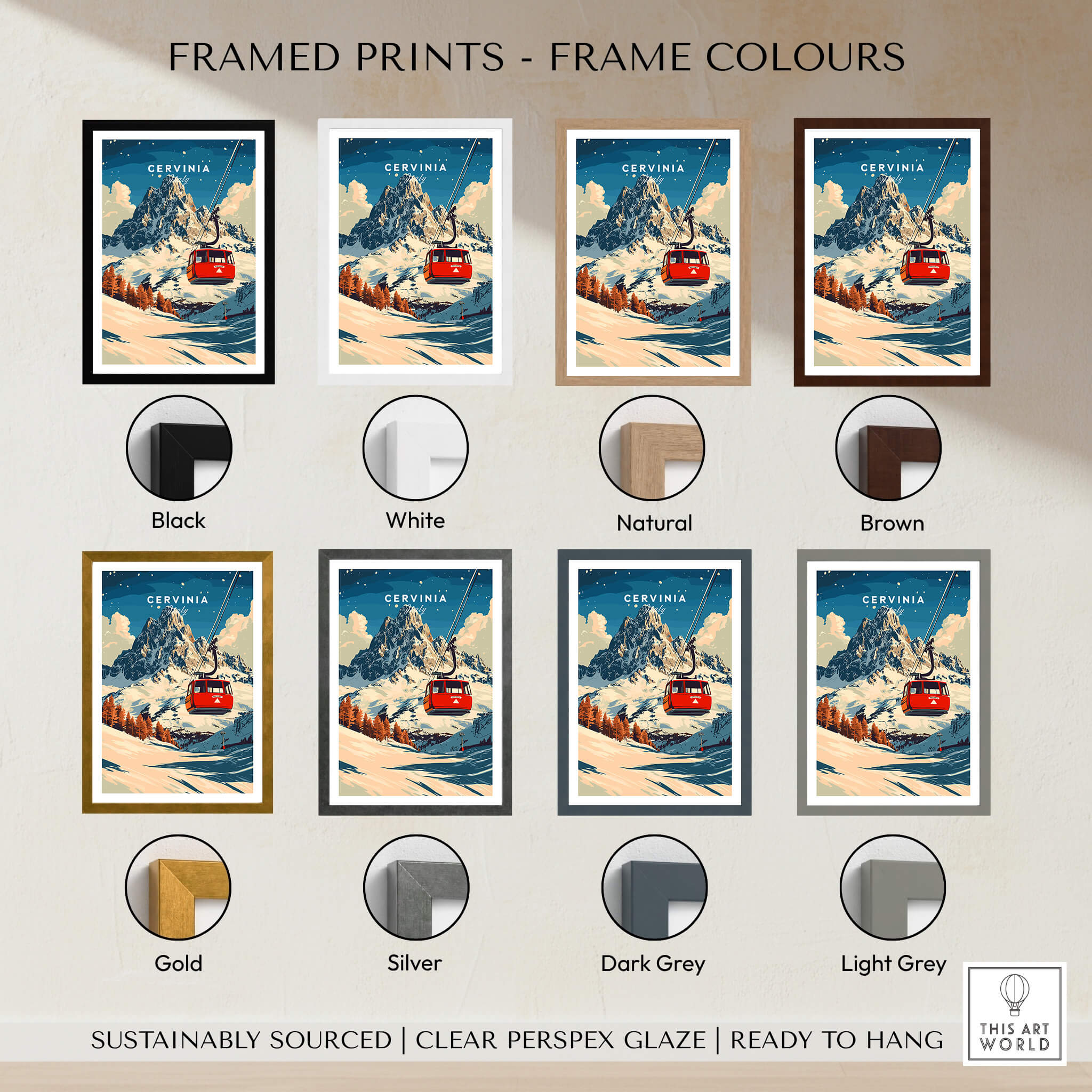 Cervinia Ski Print framed in various colors including Black, White, Natural, Brown, Gold, Silver, Dark Grey, and Light Grey.