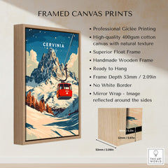 Cervinia Ski Print framed canvas print featuring vibrant colors and stunning mountain scenery.