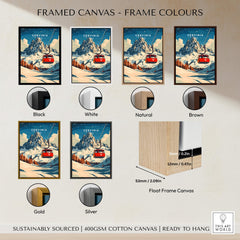 Cervinia Ski Print framed canvas options in black, white, natural, brown, gold, and silver for home decor.