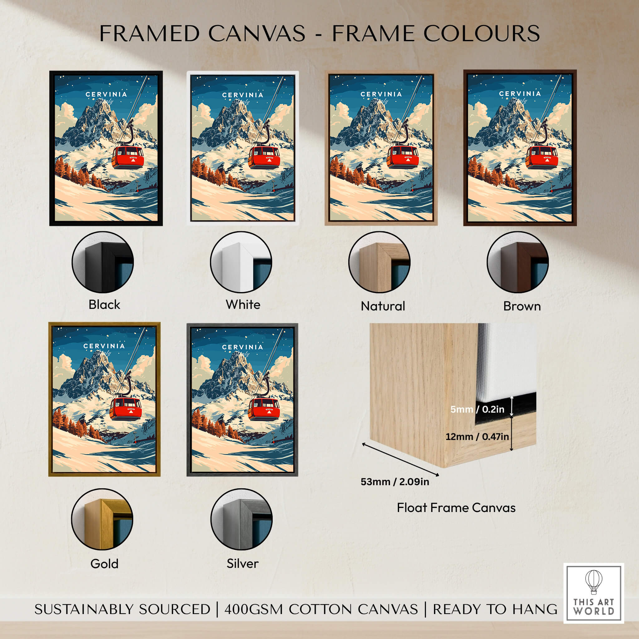 Cervinia Ski Print framed canvas options in black, white, natural, brown, gold, and silver for home decor.
