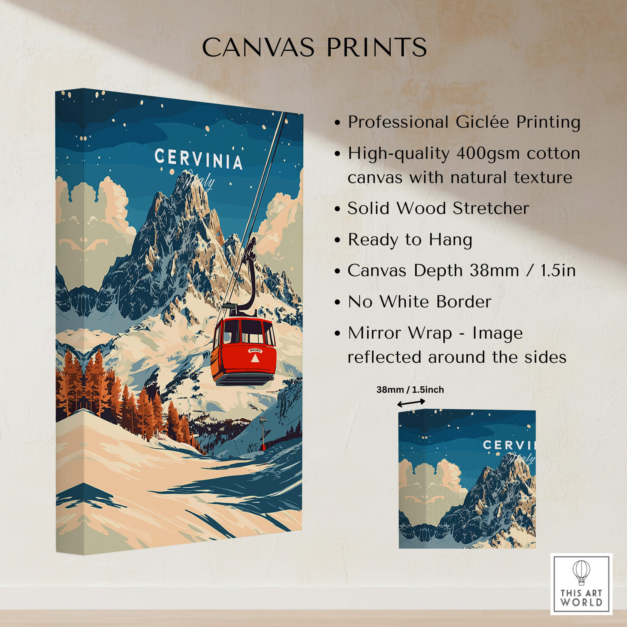 Cervinia Ski Print showcasing a vibrant mountain scene with a ski lift in Italy's stunning snow-covered slopes.
