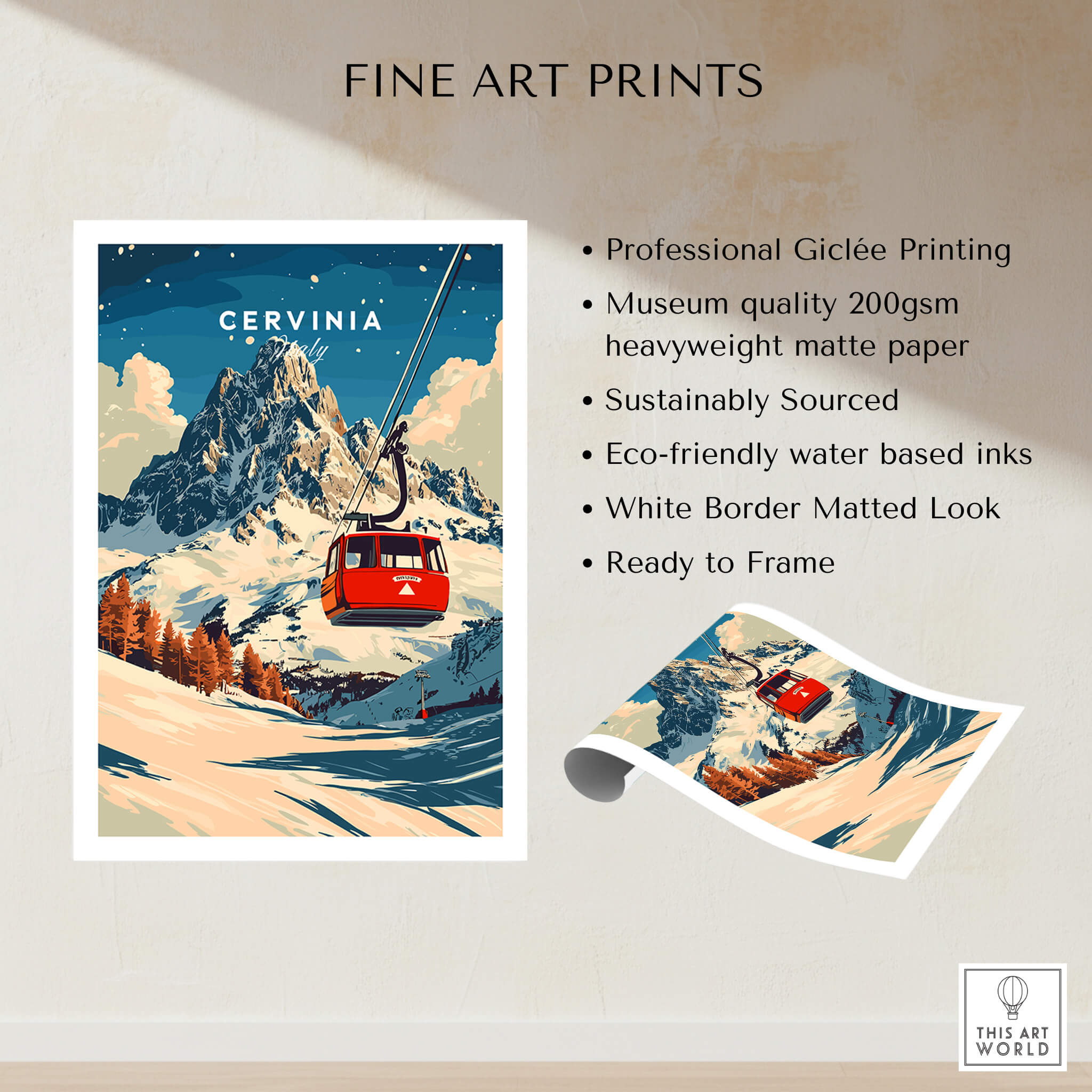 Cervinia Ski Print featuring a red gondola on snowy slopes with mountains, perfect for ski enthusiasts.