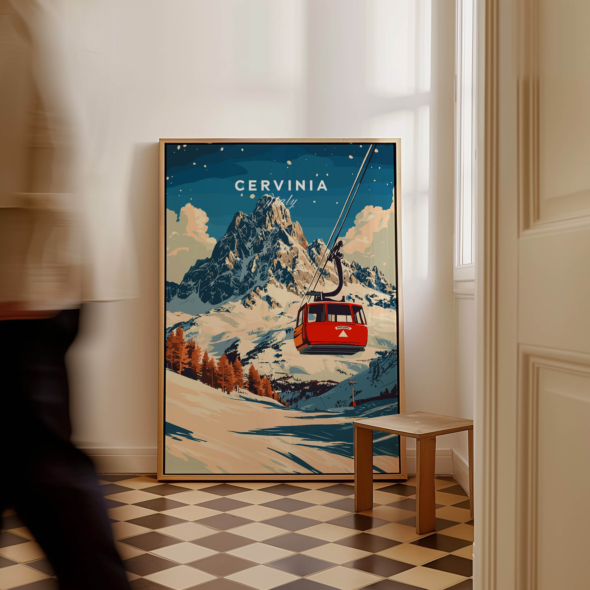 Cervinia Ski Print featuring a scenic gondola and snowy mountains, perfect for ski enthusiasts.