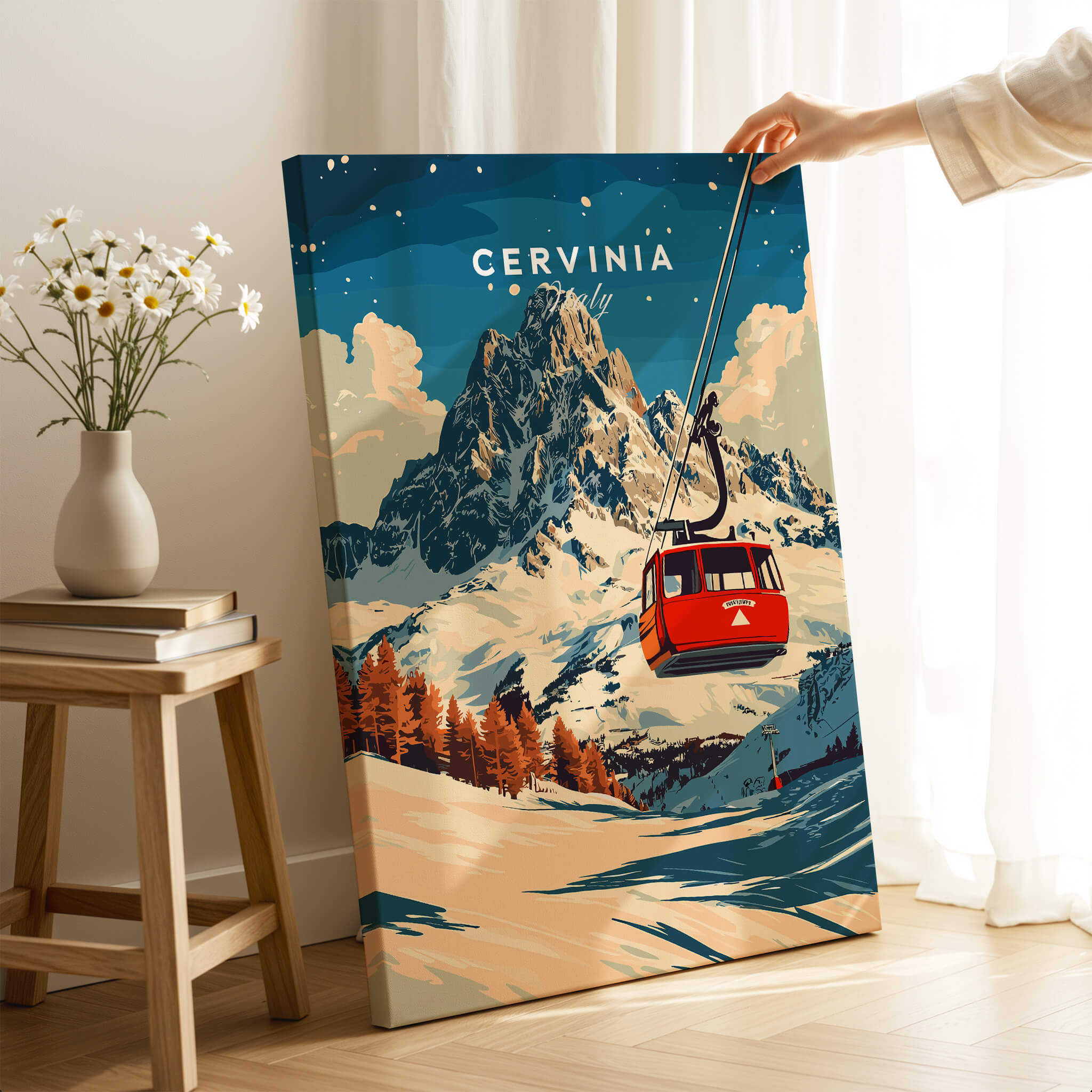 Cervinia Ski Print featuring a vibrant scene of a ski lift against the stunning Cervinia mountain backdrop.
