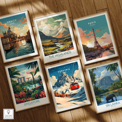 Cervinia Ski Print among framed travel posters including Venice, Paris, Singapore, The Highlands, and Sri Lanka.
