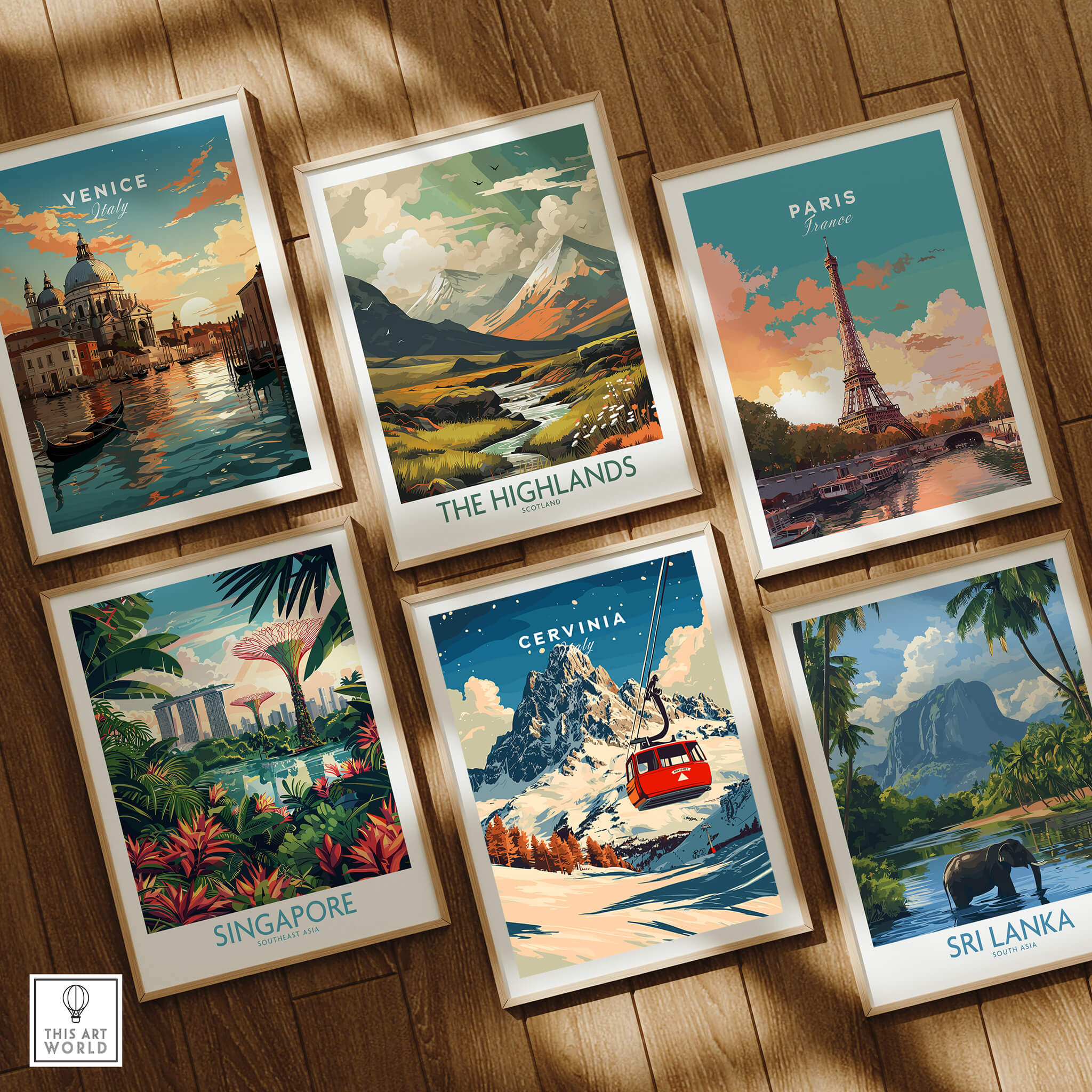 Cervinia Ski Print among framed travel posters including Venice, Paris, Singapore, The Highlands, and Sri Lanka.