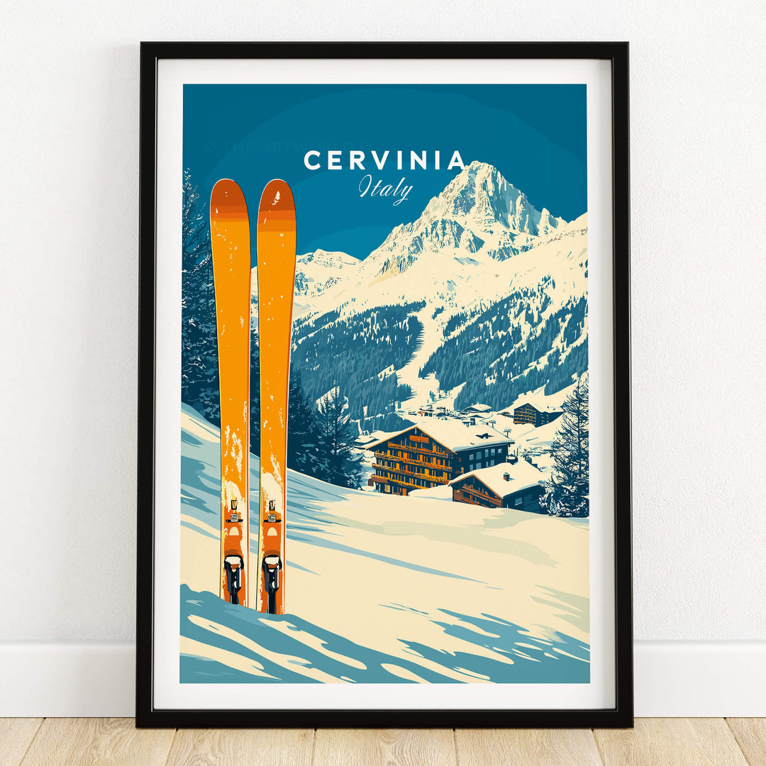 Cervinia Ski Wall Art Print featuring bright orange skis against a stunning mountain backdrop in Italy.