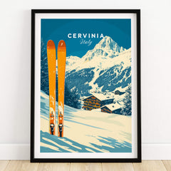 Cervinia Ski Wall Art Print featuring bright orange skis against a stunning mountain backdrop in Italy.